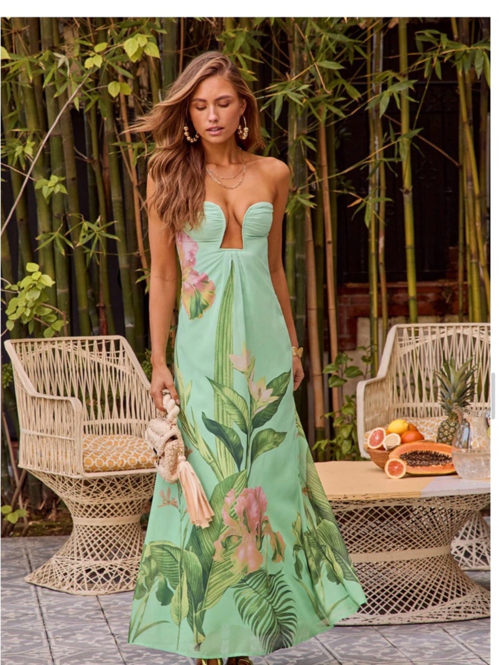 Strapless Mint Green Floral Maxi Dress